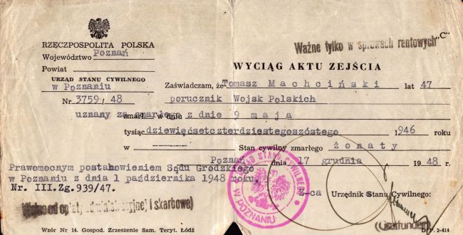 Wyciąg Aktu Zejścia Tomasza Machcińskiego.