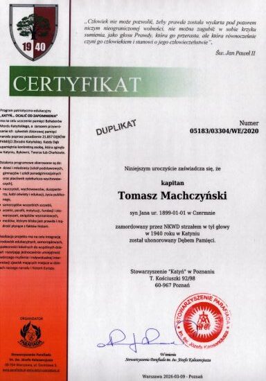 Certyfikat dębu pamięci Tomasza Machczyńskiego