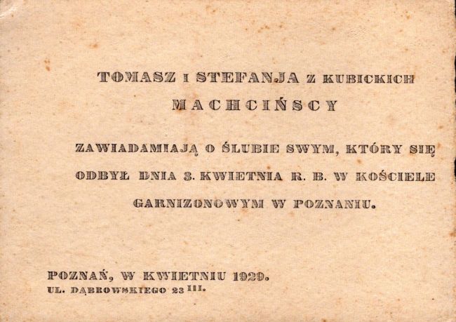 Zawiadomienie o ślubie Tomasza i Stefanii Machcińskich