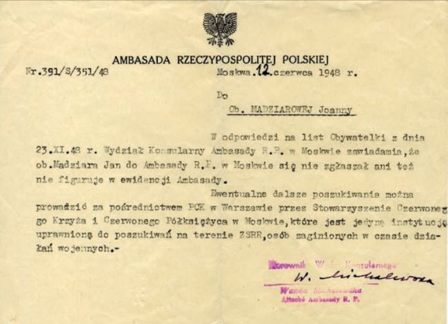 Pismo polskiej ambasady w Moskwie dotyczące poszukiwań Jana Madziary na terenie ZSRS do Joanny Madziary.