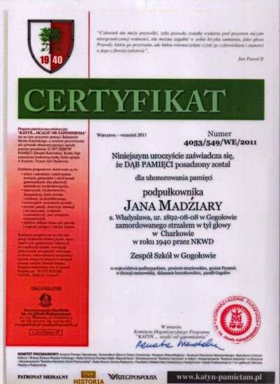 Madziara_JanMichal-CertyfikatDebuPamieci Certyfikat Dębu Pamięci Jana Madziary
