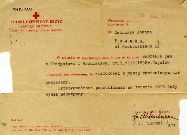 Pismo PCK w sprawie poszukiwań Jana Madziary.