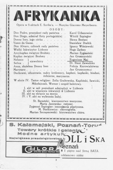 Teatr Wielki AFRYKANKA, Opera w 5 aktach, program - Eugeniusz Maj w roli niewolnika Nelusco, wielkiego kanclerza z materiał&oacute;w udostępnionych przez Muzeum Armii Poznań