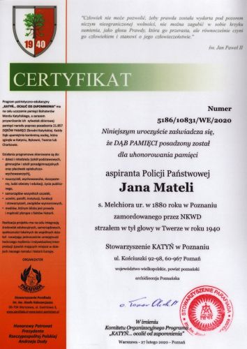 Certyfikat Dębu Pamięci Jana Mateli.