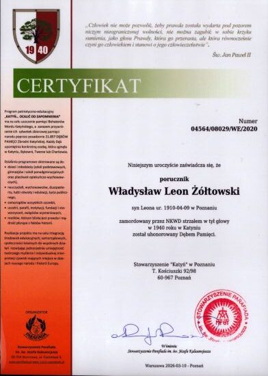 Certyfikat dębu pamięci Władysława Ż&oacute;łtowskiego