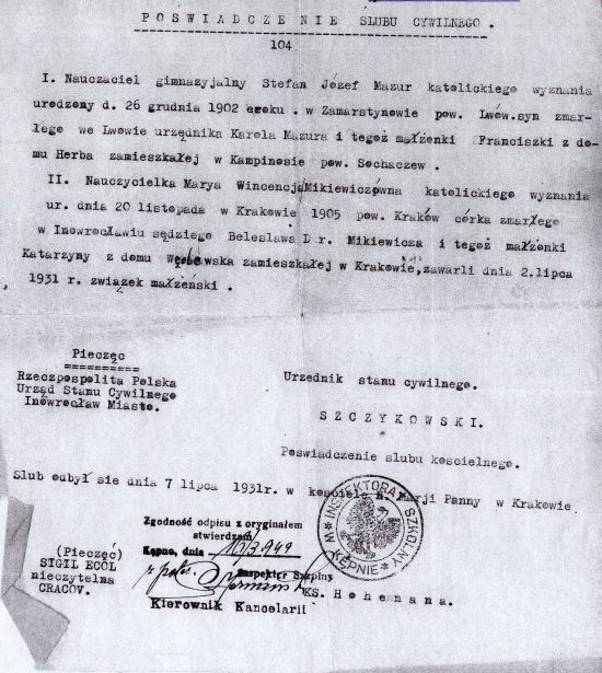 Poświadczenie ślubu Maria i Stefan Mazur