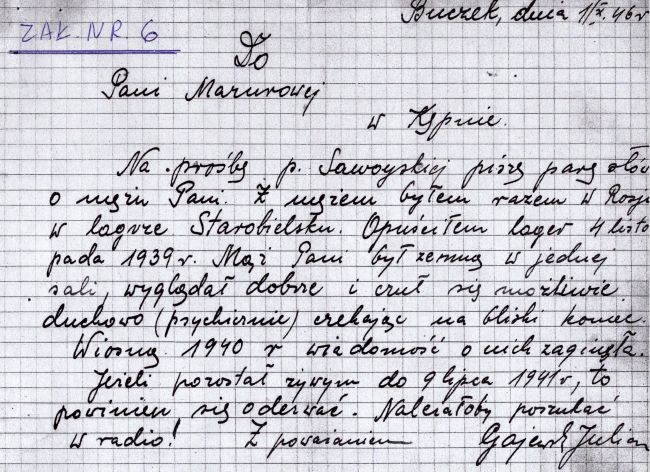 List do Marii Mazur, żony Stefana Mazura.