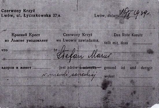 Kartka z PCK potwierdzająca, że Stefan Mazur jest w obozie sowieckim
