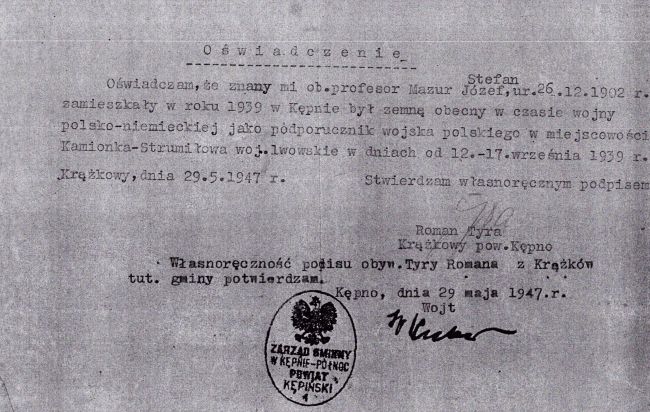 Poświadczenie dotyczące Stefana Mazura i jego udziału w wojnie 1939 roku