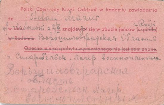 Kartka z Czerwonego Krzyża w sprawie Stefana Mazura.