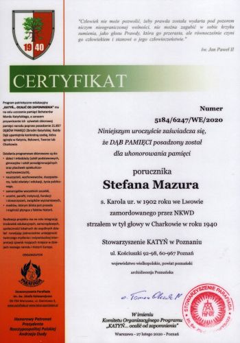 Certyfikat Dębu Pamięci Stefana Mazura.