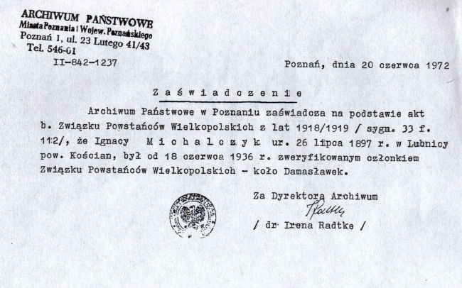 Zaświadczenie potwierdzające, że Ignacy Michalczyk był Powstańcem Wielkopolskim.