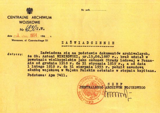 Antoni Minikowski zaświadczenie