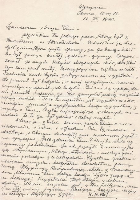 List nadany w grudniu 1940 roku do Matki Bronisława Młodziejowskiego opisujący jego losy w obozie NKWD w Starobielsku.