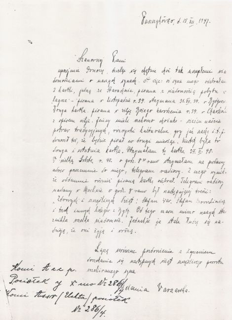 List Melanii Warszawskiej Puszczykowa do Teresy Mroczkiewicz dotyczący ich syn&oacute;w z obozu w Starobielsku.