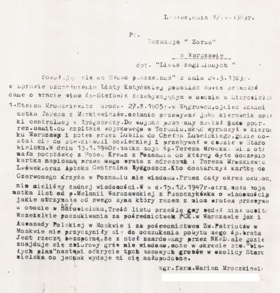 List Mariana Mroczkiewicza do redakcji ZORZA