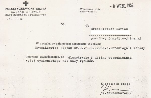 List z PCK odnośnie poszukiwań Stefana Mroczkiewicza.