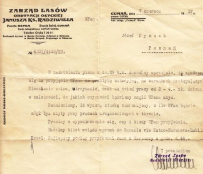 J&oacute;zef Myssak - pozwolenie na praktyki w Lasach Państwowych. 