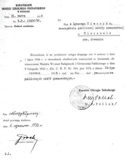 Mianowanie Ignacego Niwczyka nauczycielem mianowanym