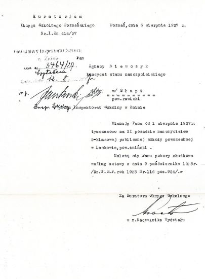 Mianowanie Ignacego Niwczyka nauczycielem w Laskowie