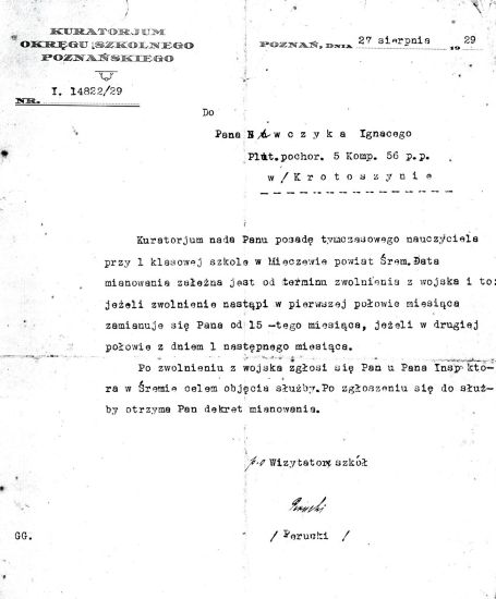 Mianowanie Ignacego Niwczyka nauczycielem w Mieczewie