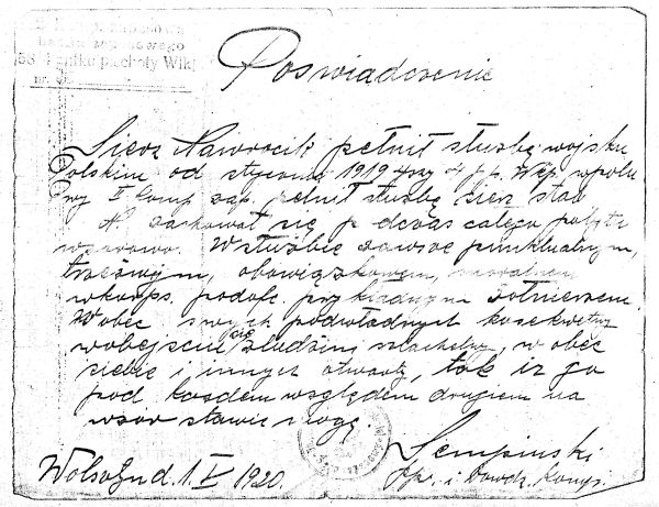 Powiadomienie z 58 Pułku Piechoty Wielkopolskiej dotyczące sierżanta Nawrockiego.