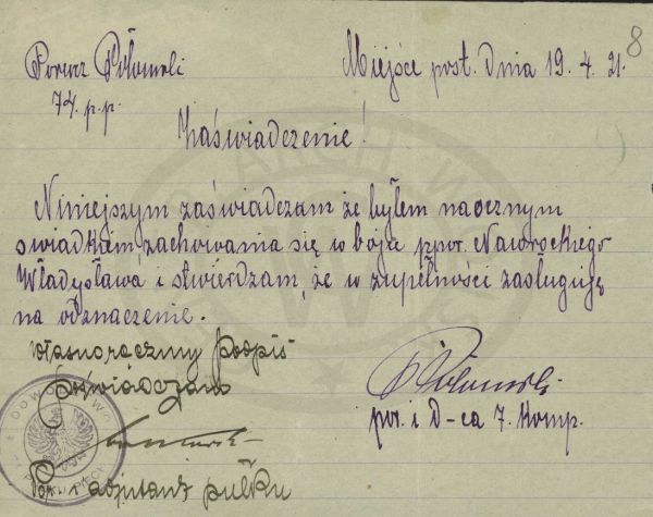 Zaświadczenie do wniosku o order Virtuti Militari Władysław Nawrocki