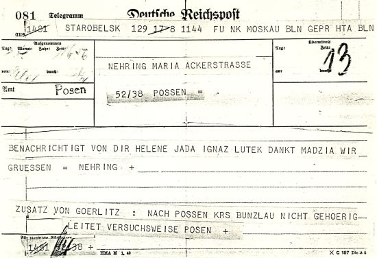 Telegram ze Starobielska od Feliksa Nehringa, przesłany przez Niemcy.