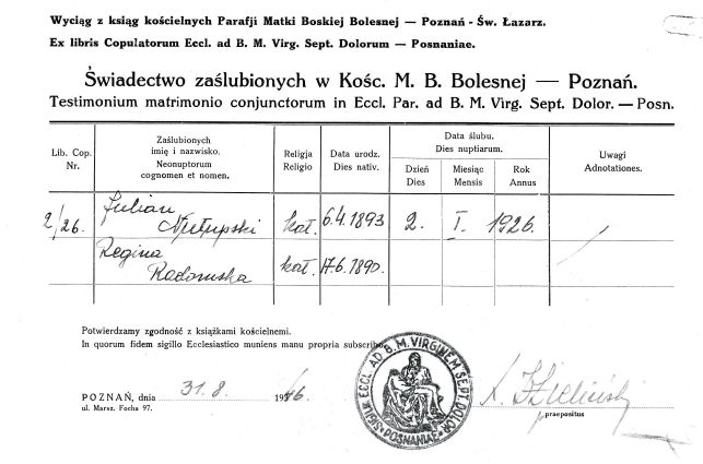 Akt małżeństwa Juliana i Reginy z dnia 2.I.1926 roku