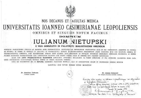 Dyplom ukończenie Uniwersytetu Jana Kazimierza we Lwowie