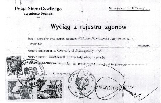 Wyciąg z rejestru zgon&oacute;w Juliana Nietupskiego.