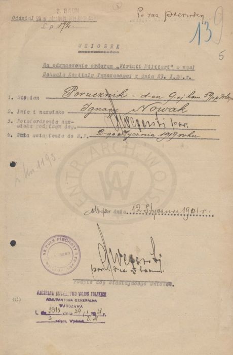 Wniosek o przyznanie Orderu Virtuti Militari dla kapitana Ignacego Nowaka