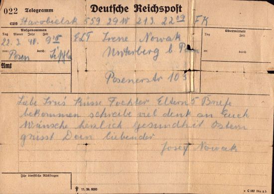 Józef Nowak - telegram