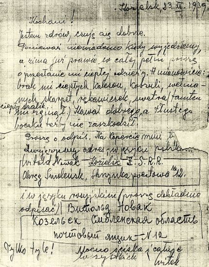 List Witolda Nowaka z obozu w Kozielsku.