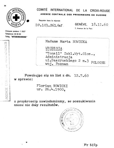 Poszukiwania Floriana Nowickiego przez żonę Martę - Czerwony Krzyż Genewa.