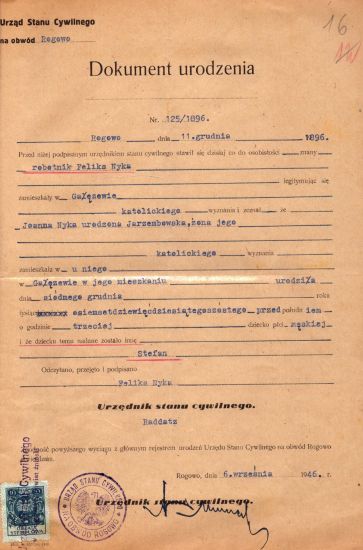 Nyka_Stefan-AktUrodzenia Akt urodzenia Stefan Nyka