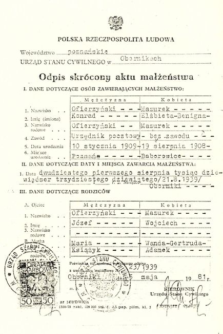 Akt ślubu Konrada Ofierzyńskiego z Elżbietą Mazurek.