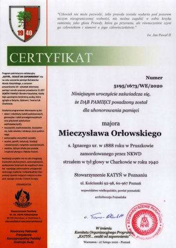 Dyplom Dąb Pamięci Stefana Orłowskiego