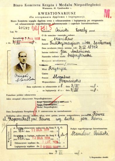 Kwestionariusz Medalu Niepodległości Stanisława Osińskiego. 