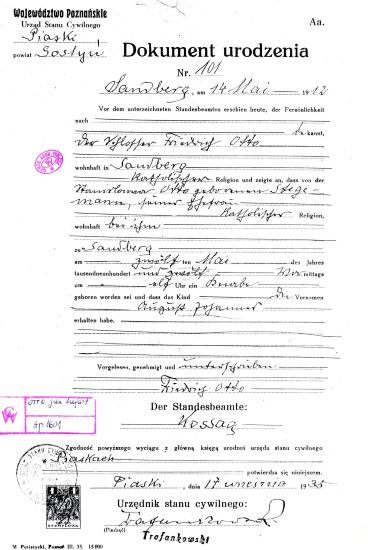 Akt urodzenia Jana Augusta Otto