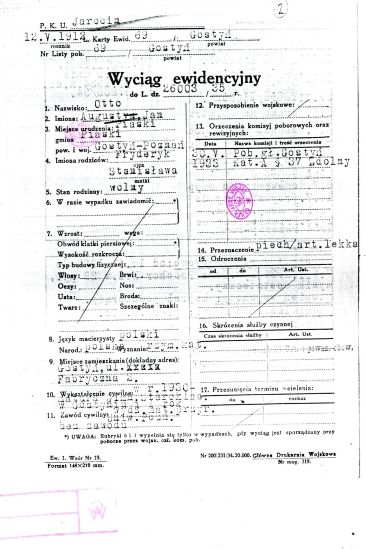 Wyciąg ewidencyjny szkolenia wojskowego Jana Augusta Otto