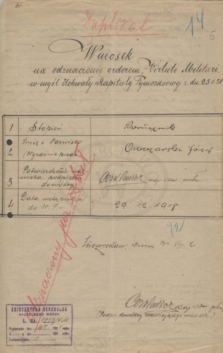 J&oacute;zef Owczarski wniosek Virtuti Militari