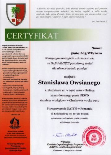 Dąb Pamięci certyfikat Stanisława Owsiannego