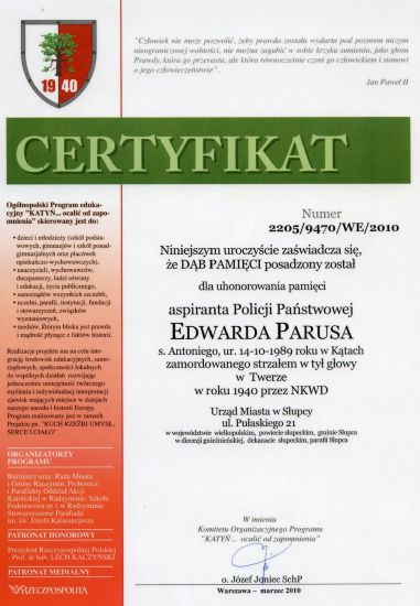 Parus_Edward-CertyfikatDebuPamieci Certyfikat dębu pamięci Edwarda Parus