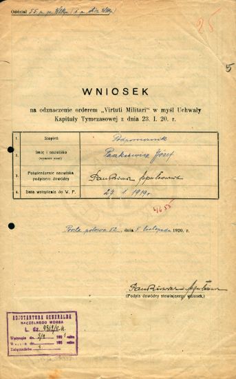 Wniosek Virtuti Militari J&oacute;zef Paszkiewicz