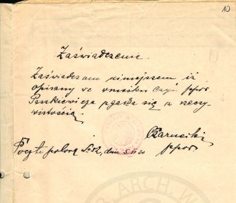 Zaświadczenie potwierdzające czyny J&oacute;zefa Paszkiewicza na wniosku Virtuti Militari.