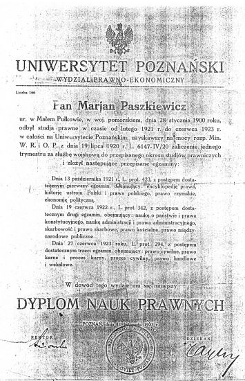 Dyplom ukończenia uniwersytetu poznańskiego Mariana Paszkiewicza.