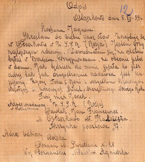 Jan Pawlak - list z Ostaszkowa