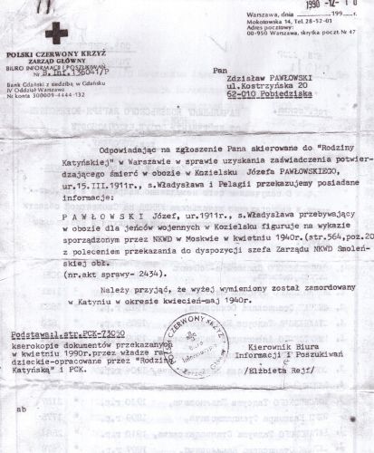 Poświadczenie z PCK dotyczące J&oacute;zefa Pawłowskiego