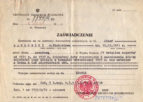 J&oacute;zef Pawłowski - poświadczenie służby wojskowej